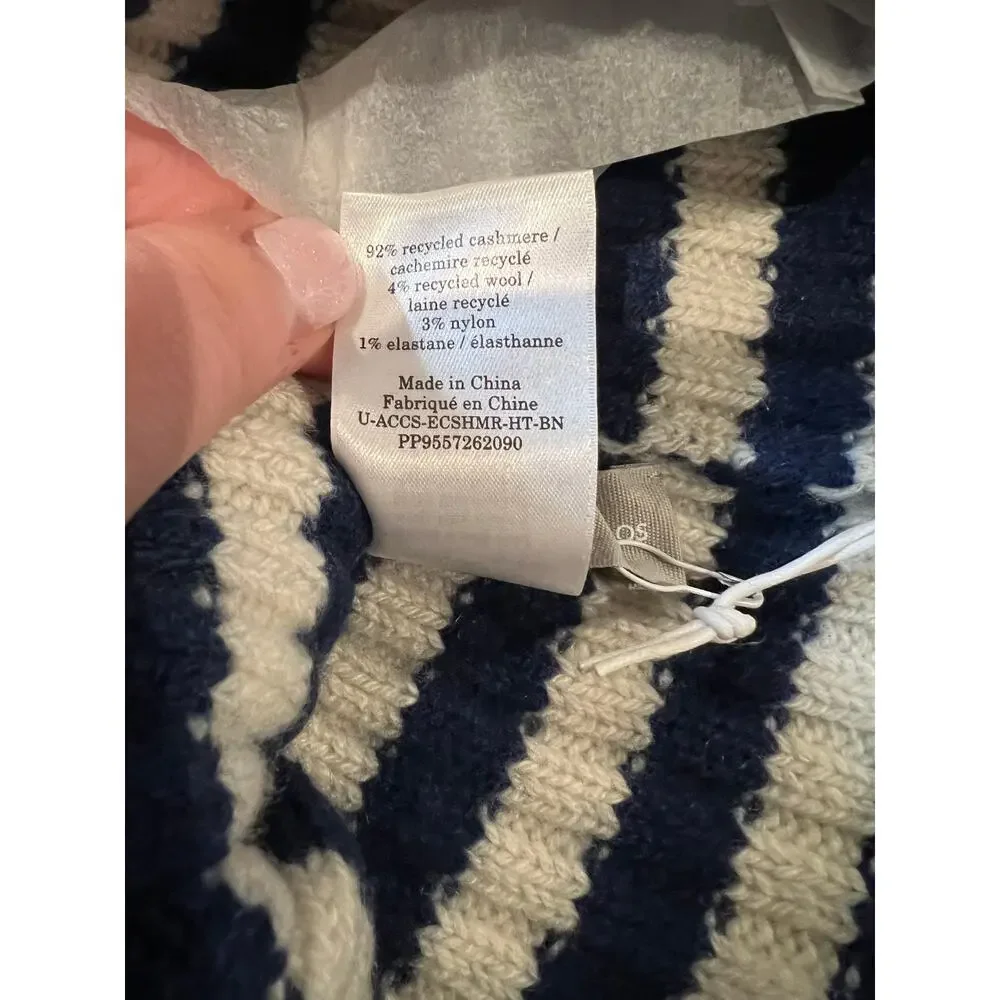 NWT Everlane Unisex The Cashmere Wool Beanie Hat Navy Cream Striped One Size
